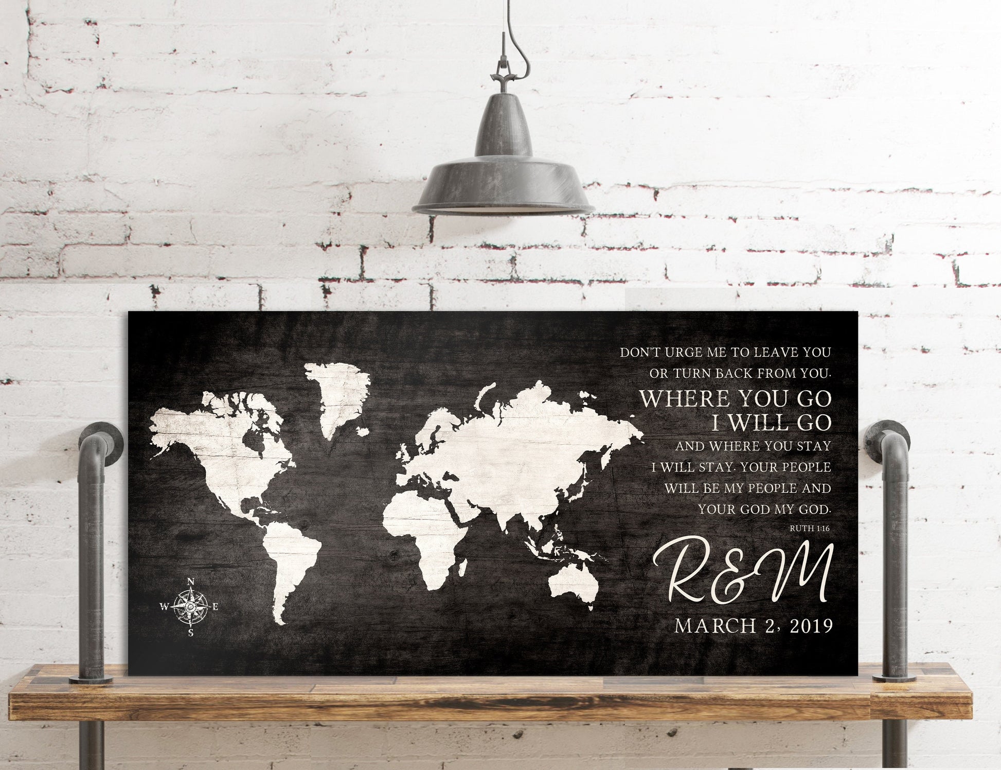 Where You Go, I Will Go: Personalized World Map Art - HoneycombProverbs - Signs - 5 year anniversary gifts