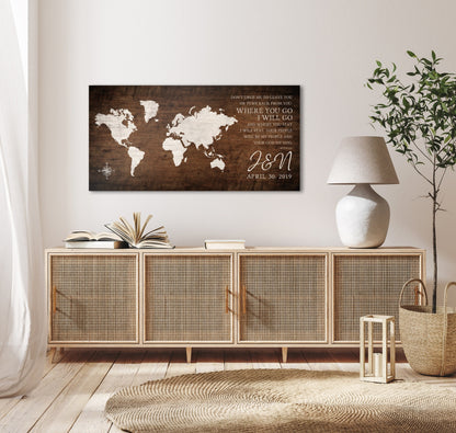 Where You Go, I Will Go: Personalized World Map Art - HoneycombProverbs - Signs - 5 year anniversary gifts