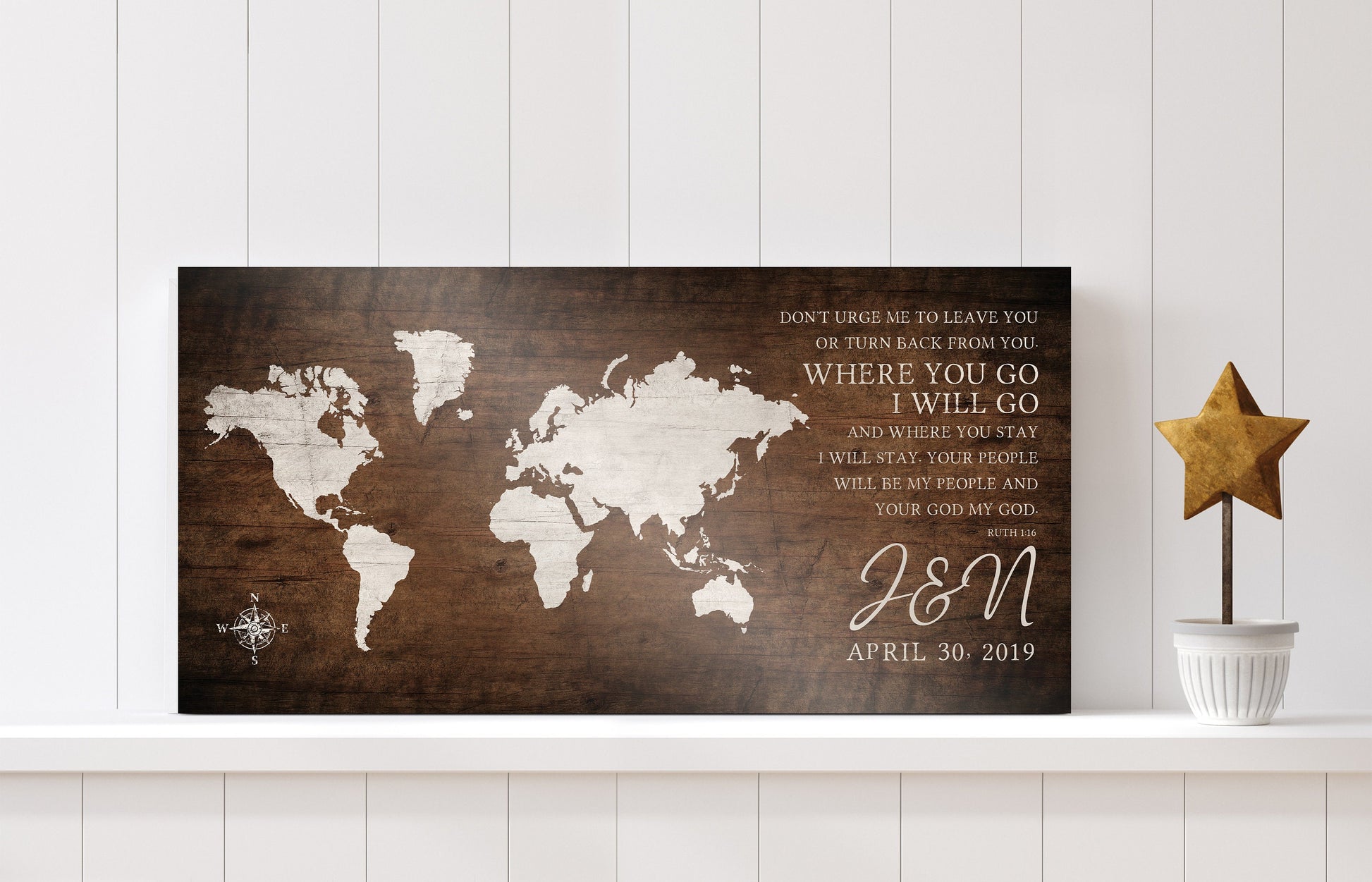 Where You Go, I Will Go: Personalized World Map Art - HoneycombProverbs - Signs - 5 year anniversary gifts
