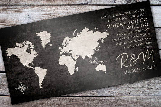 Where You Go, I Will Go: Personalized World Map Art - HoneycombProverbs - Signs - 5 year anniversary gifts