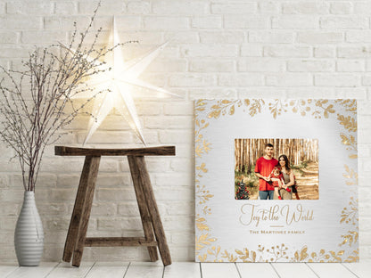 Personalized 'Joy to the World' Photo Art with Golden Leaf Design - HoneycombProverbs - Signs - Photo Plaques