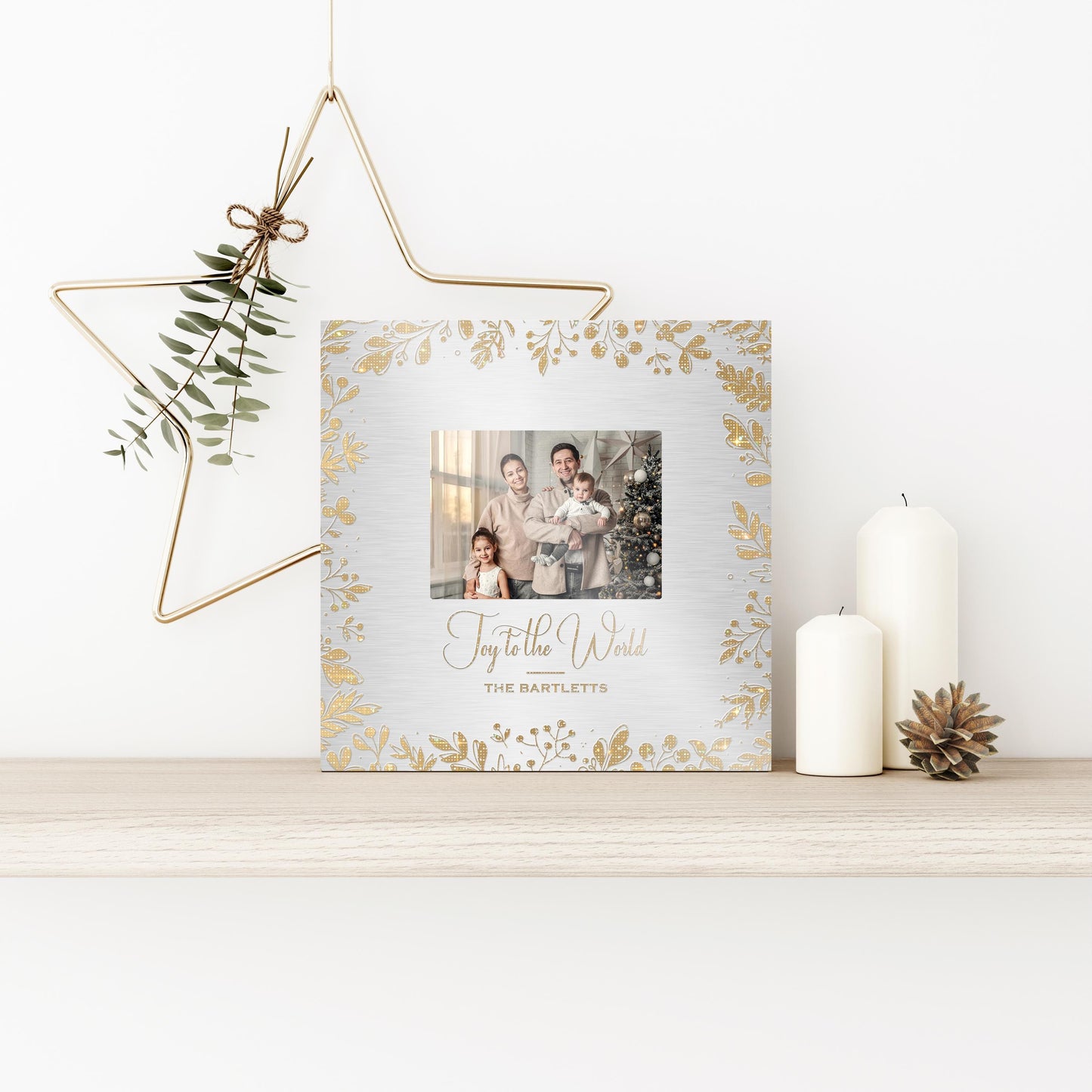 Personalized 'Joy to the World' Photo Art with Golden Leaf Design - HoneycombProverbs - Signs - Photo Plaques