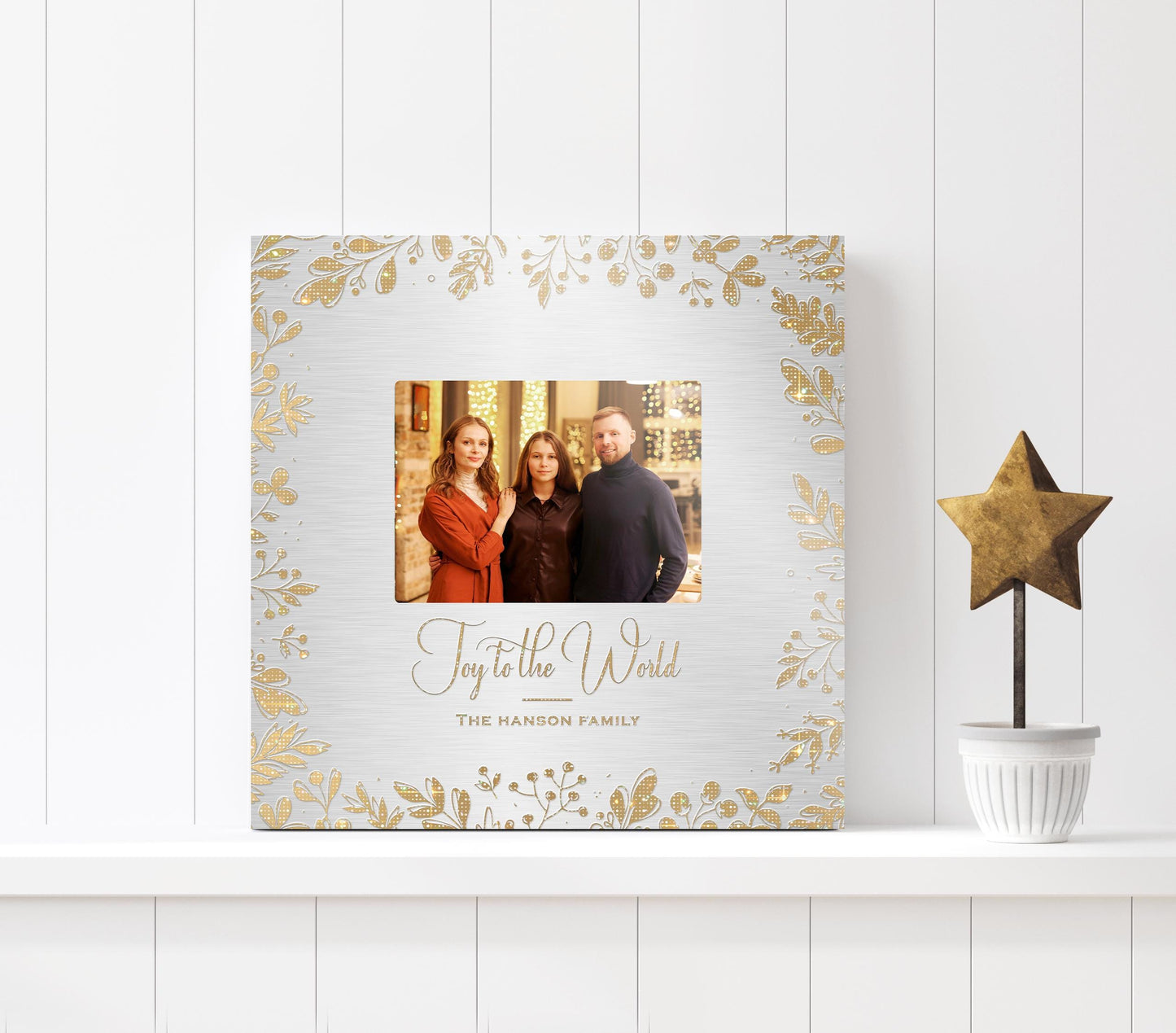 Personalized 'Joy to the World' Photo Art with Golden Leaf Design - HoneycombProverbs - Signs - Photo Plaques