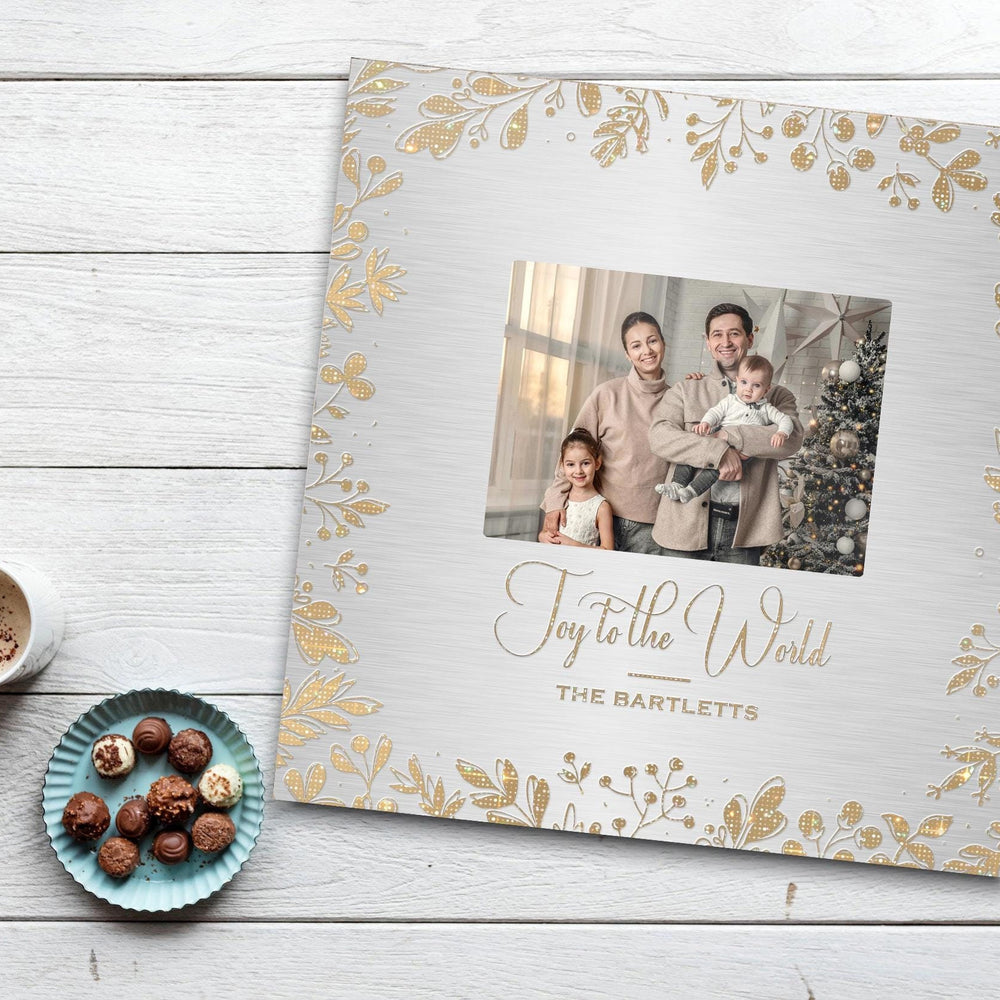 Joy to the world Christmas metallic photo plaque or sign, Golden holly accented metal photo print, themed wall decor, custom photo frame, Personalized Metallic frame decor, Christmas party gift for friend