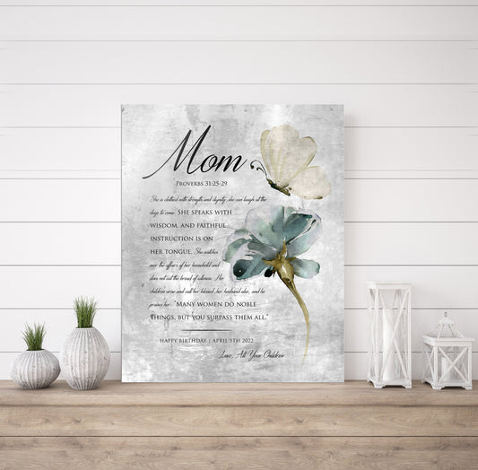 Vintage Tin, Mom Plaque, rustic distressed metal plaque for Mom with a floral and butterfly motif featuring Proverbs 31 excerpts. This elegant farmhouse decor makes a great birthday gift for mom. Personalize with a first name and short message.
