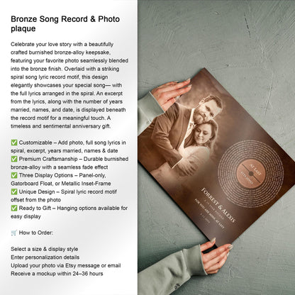 Custom Record Portrait on Bronze, Wedding Photo and Song Lyrics Wall Art, 8th Anniversary Gifts, Boyfriend Gift - HoneycombProverbs - Signs - Record Album Lyrics Art