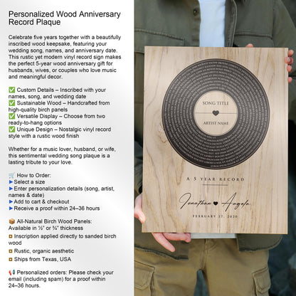 Personalized 5th Anniversary Wood Record: Song Lyrics, Names & Date - HoneycombProverbs - Signs - 5 year anniversary gifts