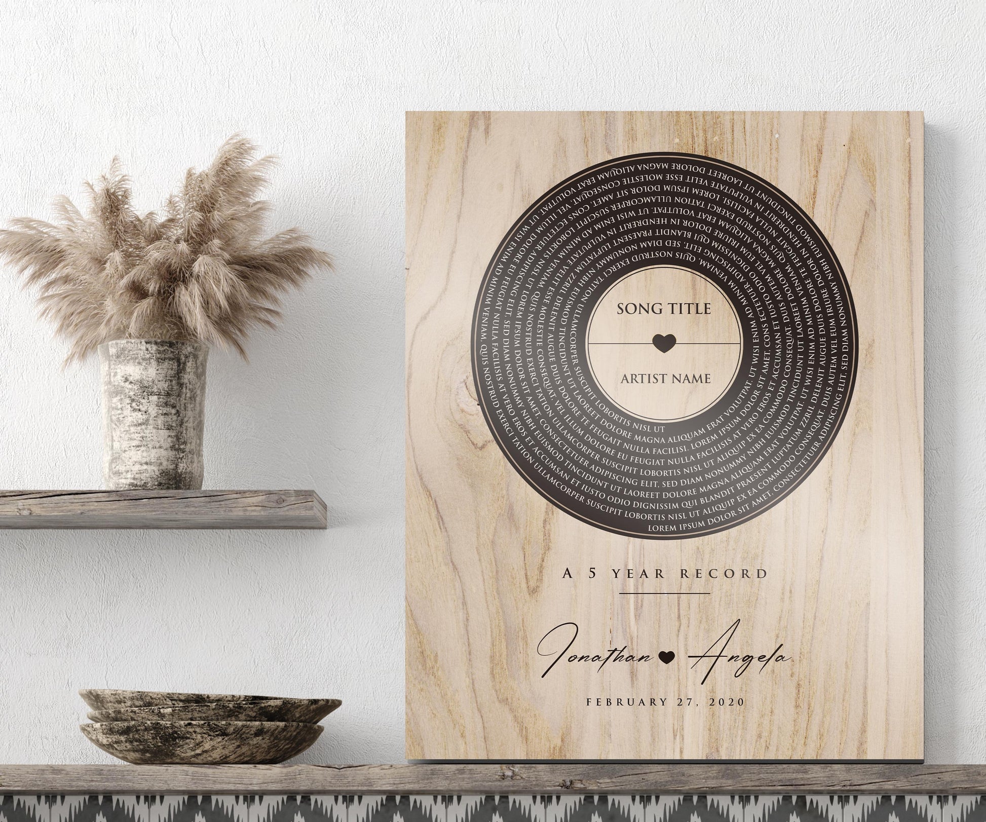 Personalized 5th Anniversary Wood Record: Song Lyrics, Names & Date - HoneycombProverbs - Signs - 5 year anniversary gifts