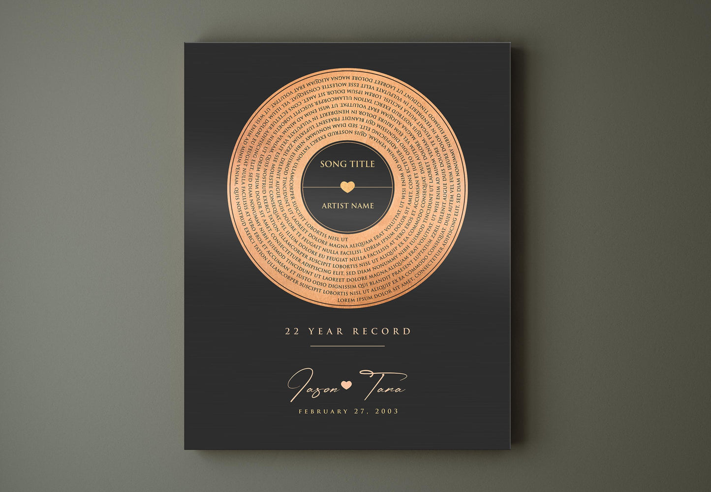 copper anniversary gift, spiral lyrics, personalized anniversary wall decor, vinyl record art, Gift for spouse, copper and tin sign, custom song art, favorite song gift