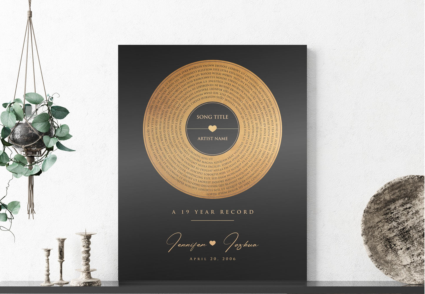 bronze anniversary gift, spiral lyrics, personalized anniversary wall decor, vinyl record art, Gift for spouse, bronze and tin sign, custom song art, favorite song gift