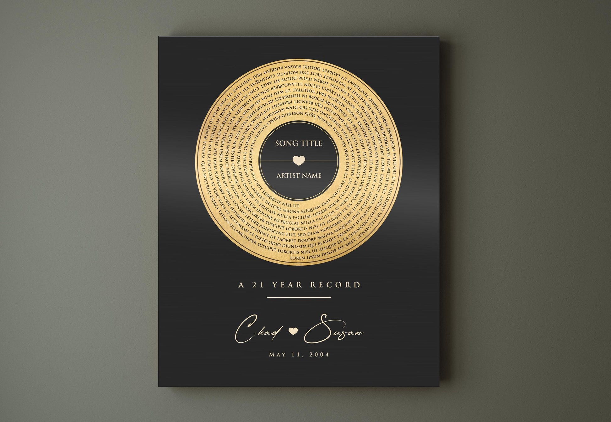 brass anniversary gift, spiral lyrics, personalized anniversary wall decor, vinyl record art, Gift for spouse, brass and tin sign, custom song art, favorite song gift