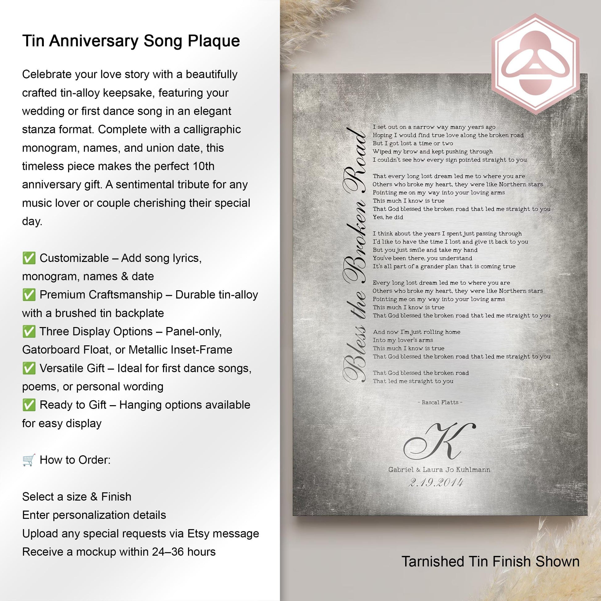 Our Song on Tin, Monogrammed Anniversary Gift - HoneycombProverbs - Signs - Tin and Aluminum Gifts