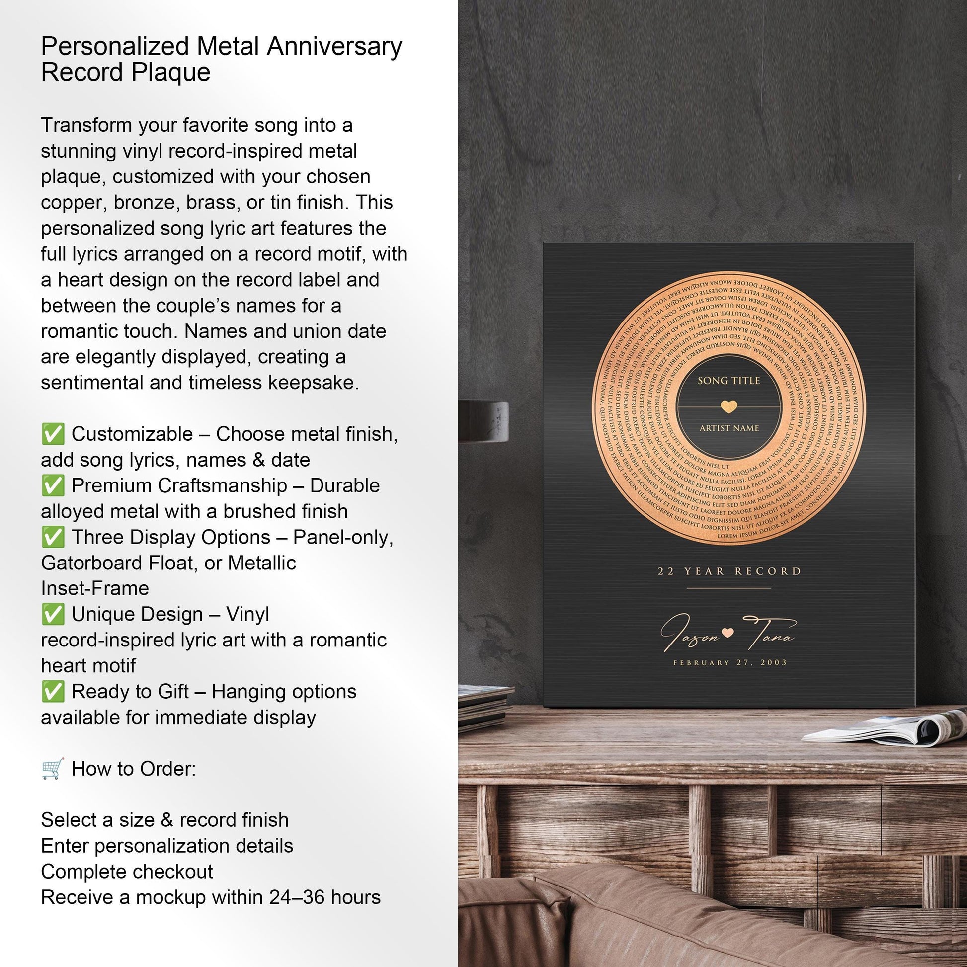 Personalized Bronze Anniversary Record: Custom Album Cover with Song Lyrics, 8th or 19th Year - HoneycombProverbs - Signs - Record Album Lyrics Art