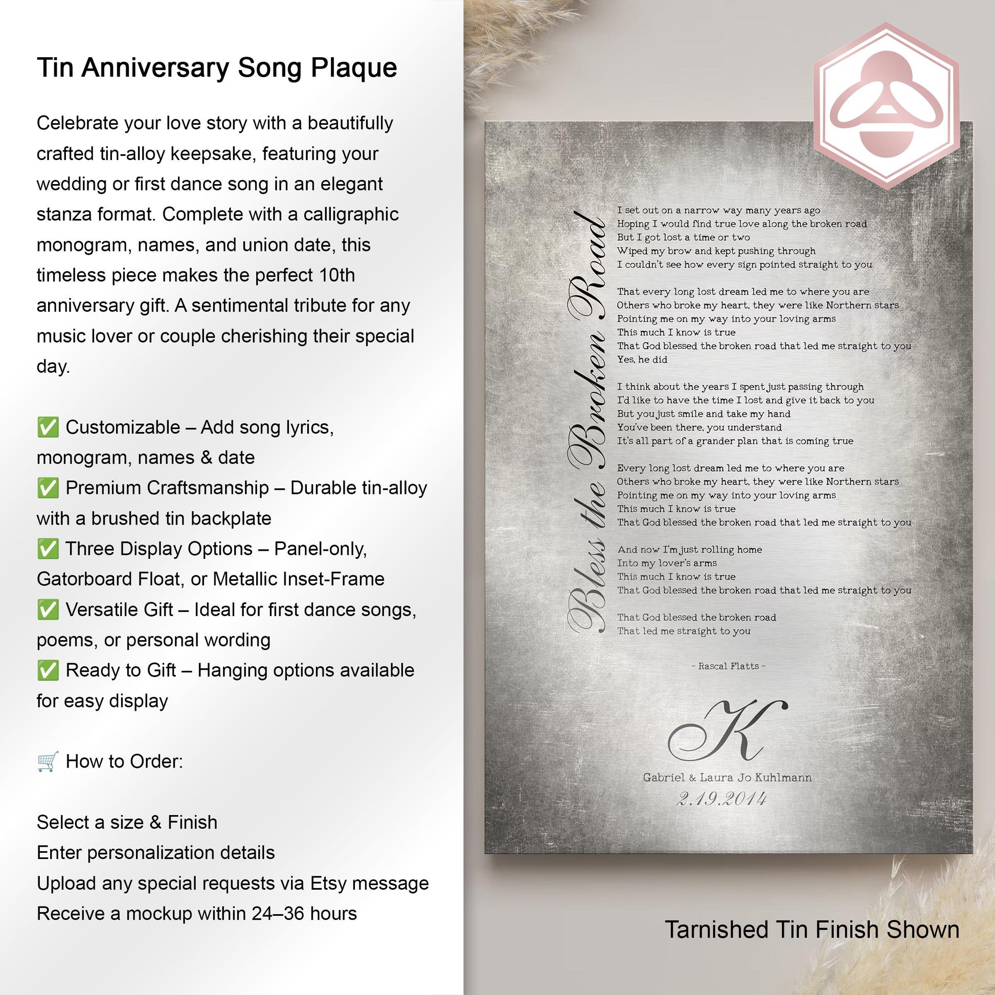 Monogrammed Tin Wedding Song Plaque - HoneycombProverbs - Signs - Vintage Lyrics Wall Art