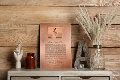 Personalized Copper Portrait Song Plaque, alternate angle, 7th anniversary copper