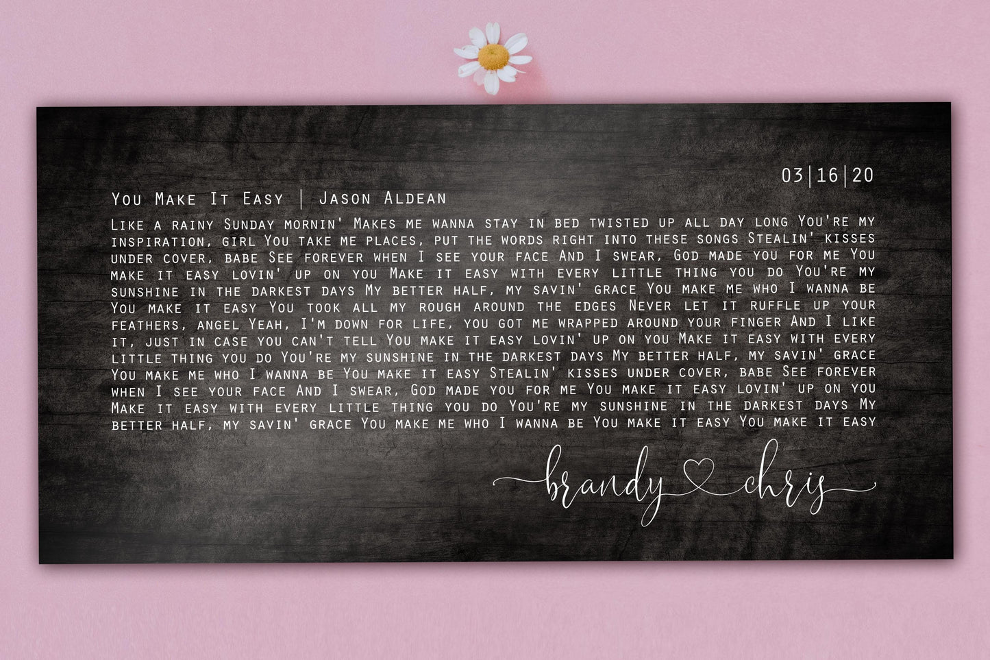 5th anniversary gift in the form of a wooden song plaque featuring a custom song and names and union date