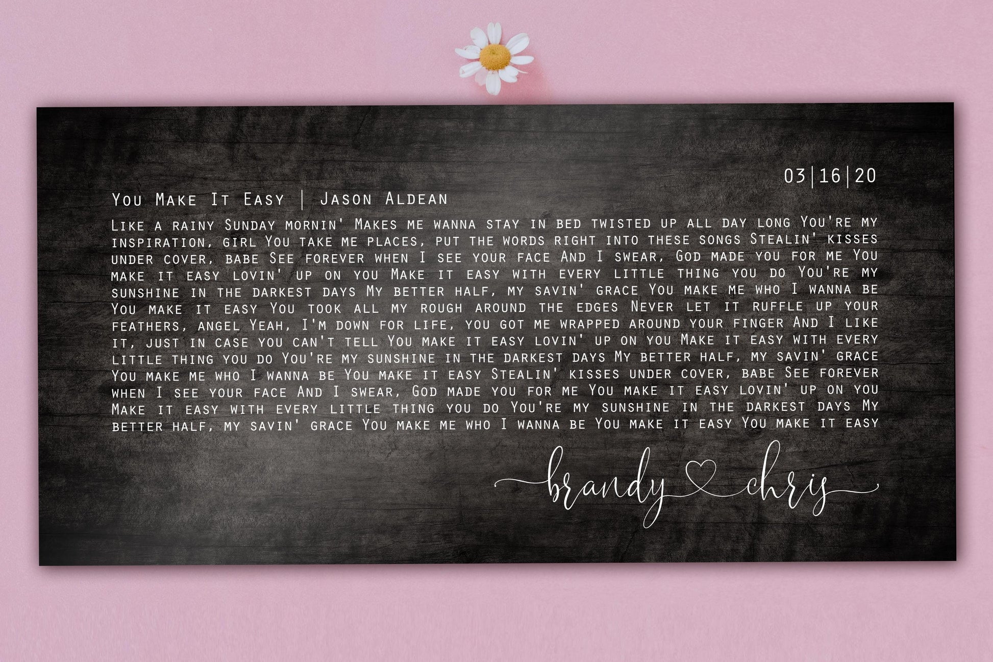 5th anniversary gift in the form of a wooden song plaque featuring a custom song and names and union date