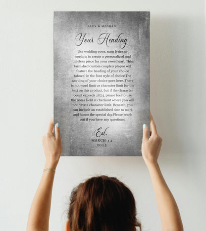 Personalized Tin Anniversary Plaque: Custom Song Lyrics, personalization detail, 10th anniversary tin