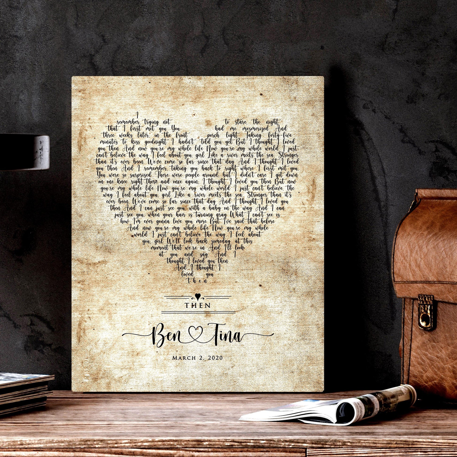 Vintage Heart Personalized Lyric Canvas in Cotton - HoneycombProverbs - Gifts For The Couple - Rustic Lyrics Wall Decor