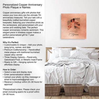 Personalized Distressed Copper Anniversary Photo Gift, size and option view, 7th anniversary copper