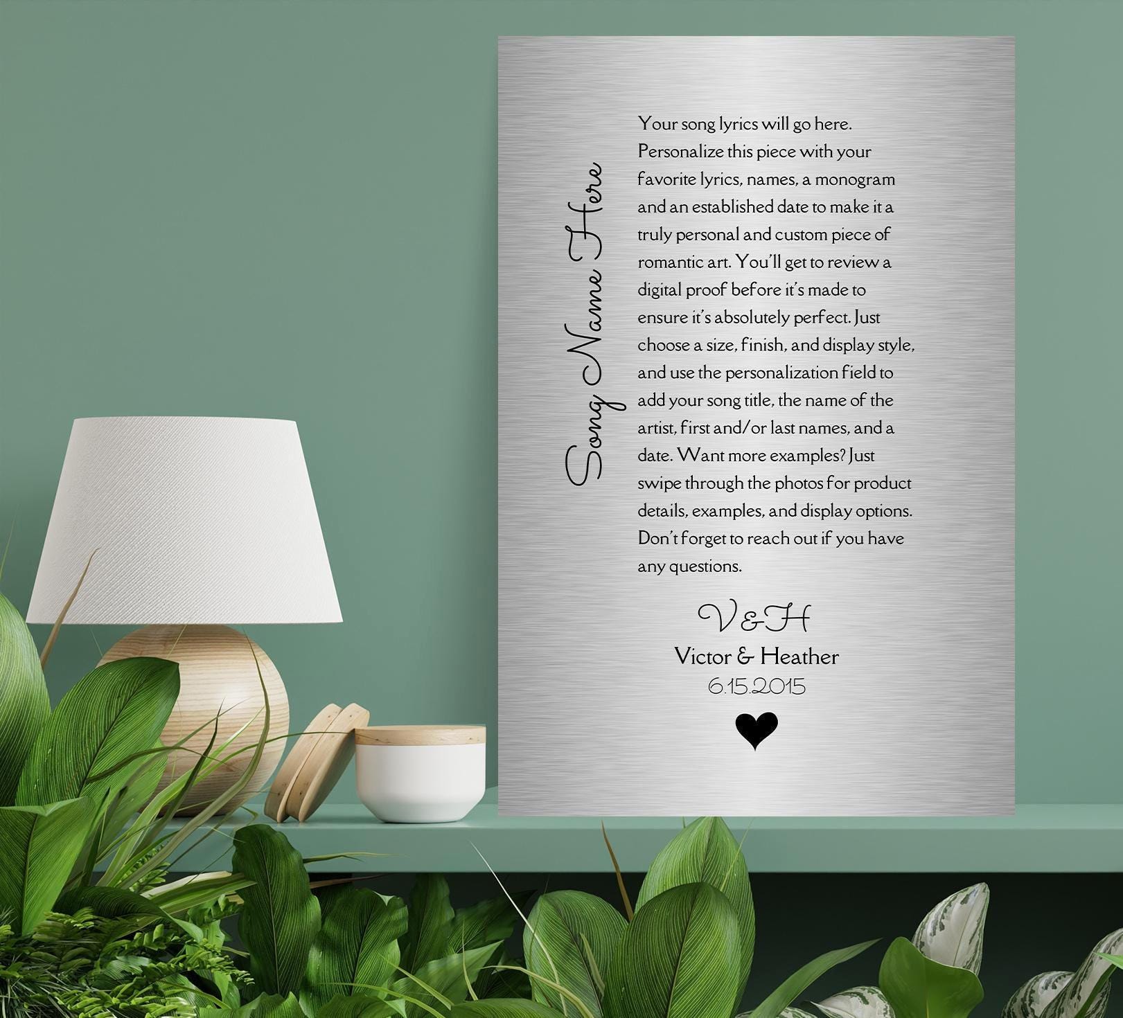 love song custom song lyrics plaque on tin, a modern silver plaque or sign featuring any song lyrics, and personalized with names, an established date, and finished with a delicate heart accent.