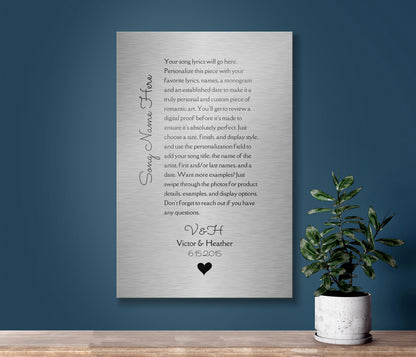 Tin Plaque for couples, is a gorgeous memento that can be personalized with song lyrics, vows or other wording. Tperfect anniversary gift idea, elegant and modern. Also contemporary and sleek Song Plaque for Couples - the perfect anniversary gift for lovers and music-lovers alike. A romantic music-themed gift, personalized with names, an established date, and finished with a delicate heart accent.