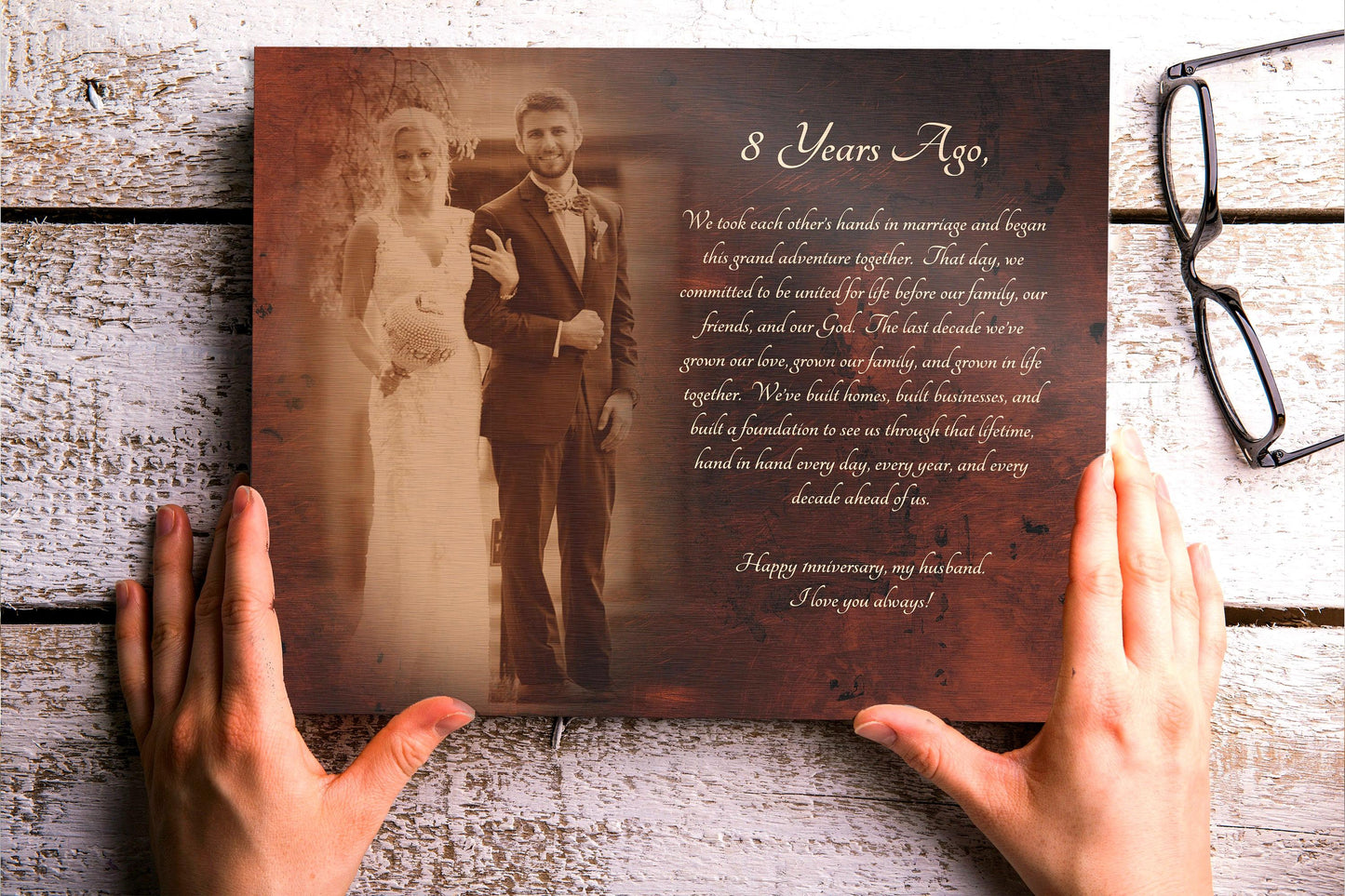 Hands holding a bronze gift for him, 8 year anniversary photo plaque, bronzed picture  with custom quote