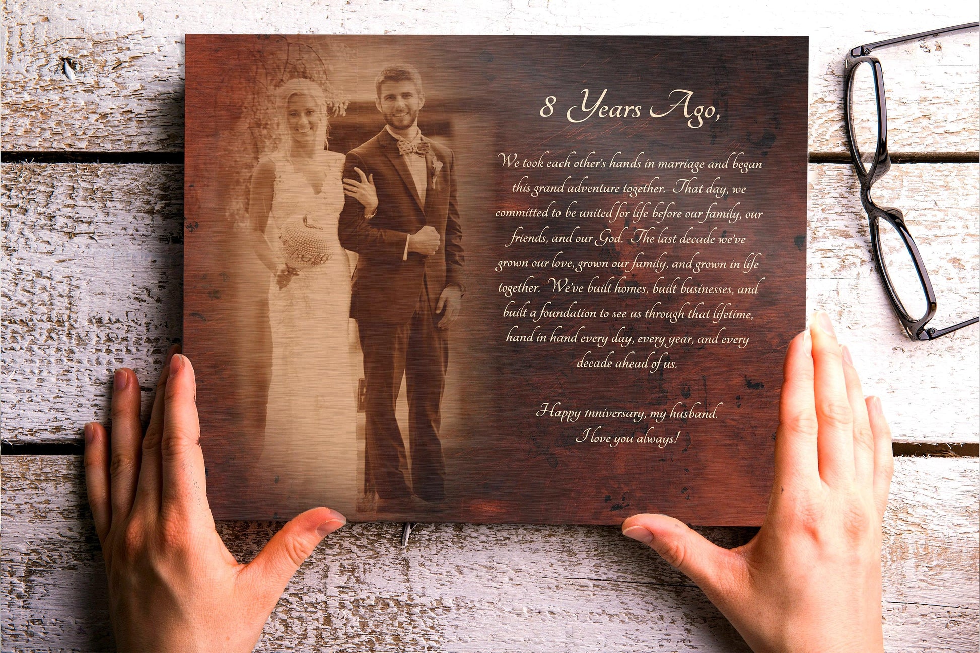Hands holding a bronze gift for him, 8 year anniversary photo plaque, bronzed picture  with custom quote