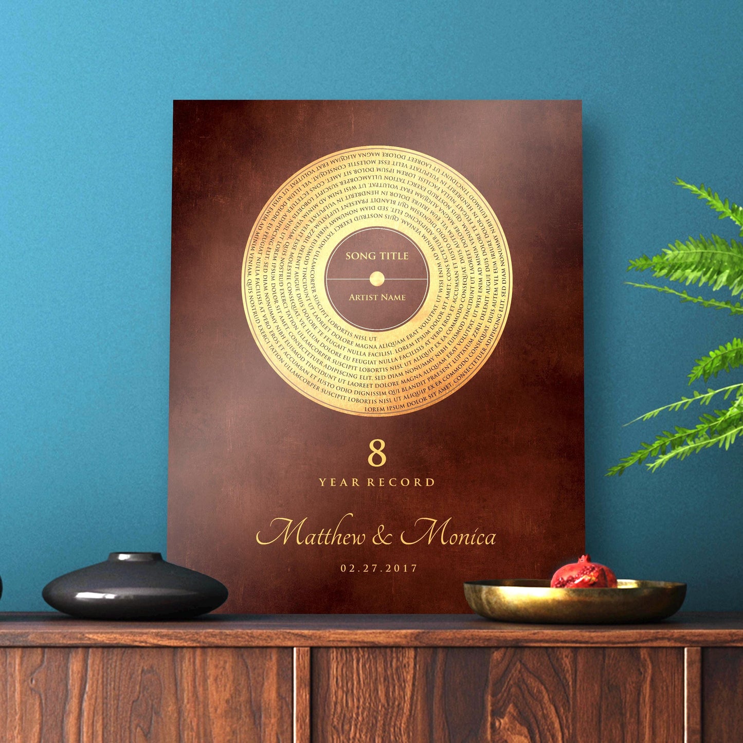 8th anniversary gift, metallic record with custom song, bronze anniversary plaque for couple