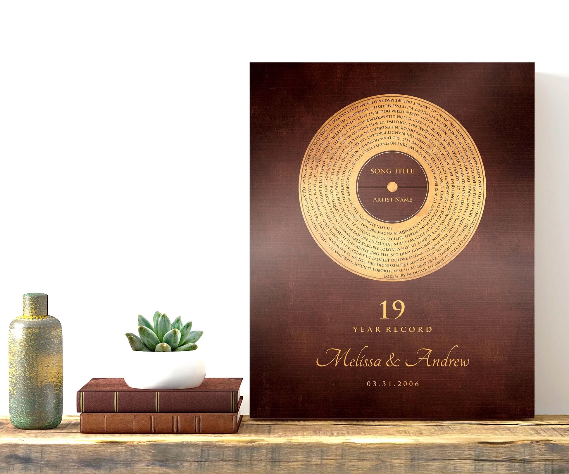19 year record Gift, custom gift for anniversary for him, custom vinyl record, album cover on oil rubbed bronze, first dance song gift, our song on bronze