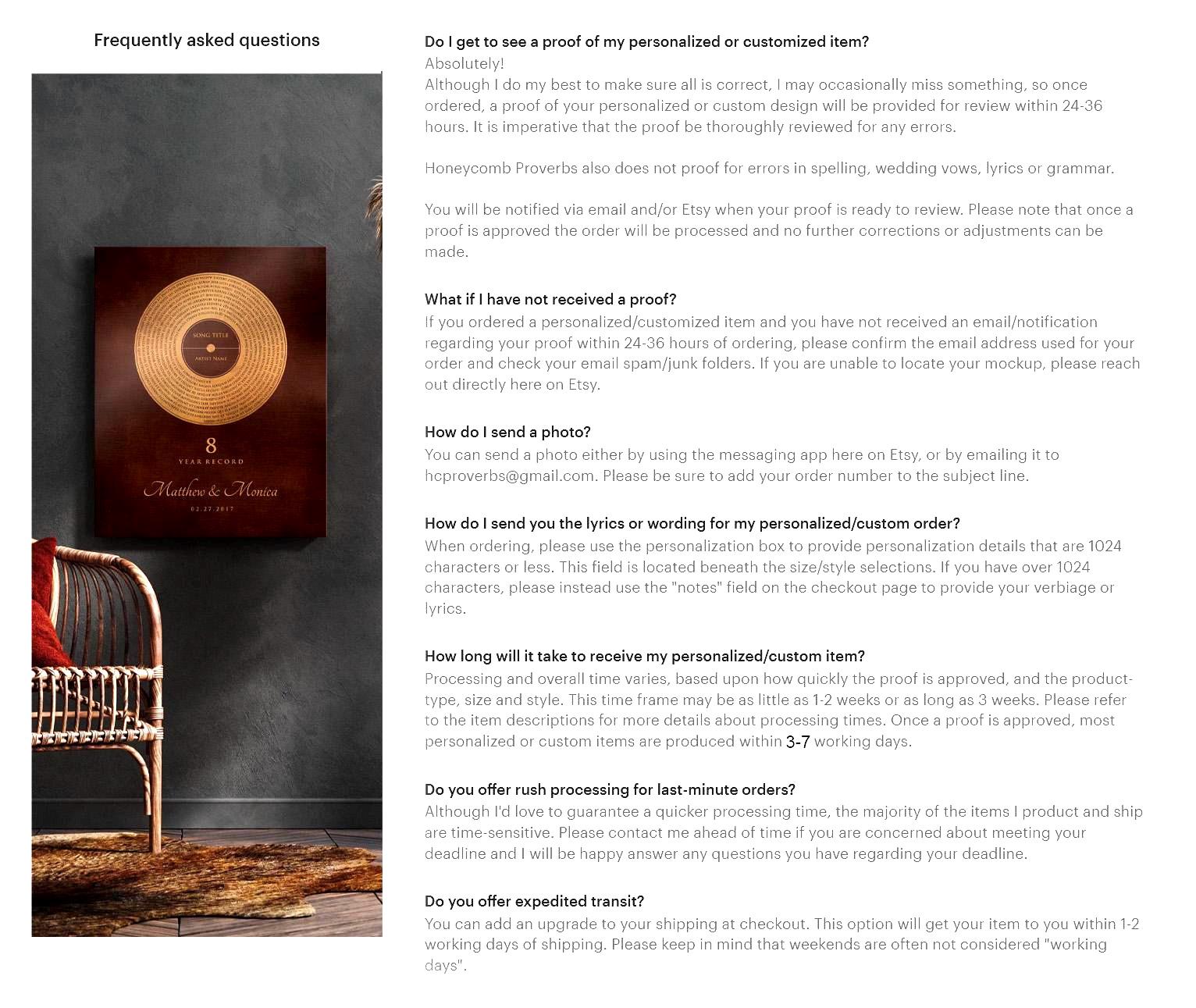 Custom Bronze Anniversary Record Art: Personalized Song Lyrics Gift - HoneycombProverbs - Signs - Record Album Lyrics Art