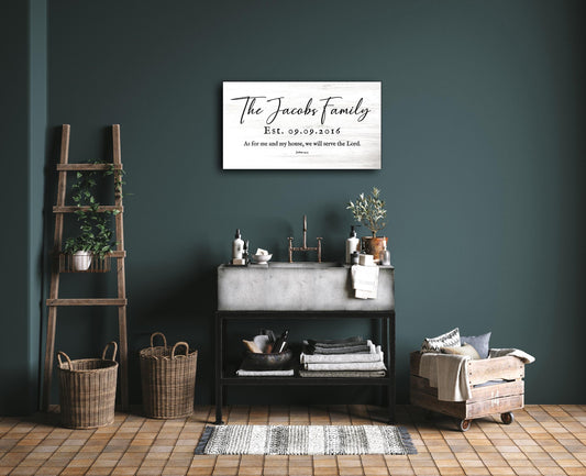 Wall decor wood plaque featuring a family name personalization, followed by Joshua 24:15. Shown in whitewashed birch.