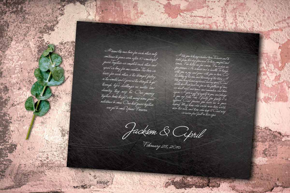 Distressed metal plaque with wedding vows.