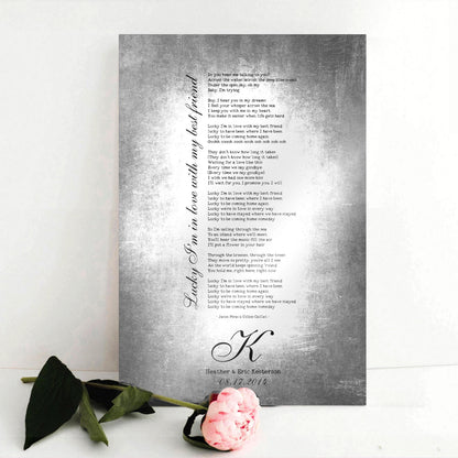 Tin song plaque reading "lucky I'm in love with my best friend" in calligraphy beside a pink rose, 10th anniversary gift