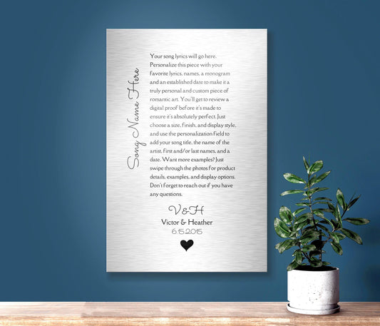 Tin Plaque for couples, is a gorgeous memento that can be personalized with song lyrics, vows or other wording. Tperfect anniversary gift idea, elegant and modern. Also contemporary and sleek Song Plaque for Couples - the perfect anniversary gift for lovers and music-lovers alike. A romantic music-themed gift, personalized with names, an established date, and finished with a delicate heart accent.