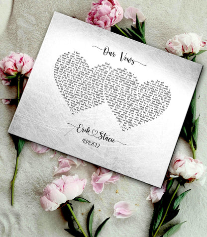 His and Her Hearts Wedding Vow Sign, shown on the wall, iron or tin anniversary