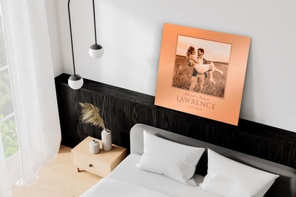 Copper anniversary plaque with a photo of a couple in a field, the name Lawrence and date 2.12.2023 below, 7th anniversary