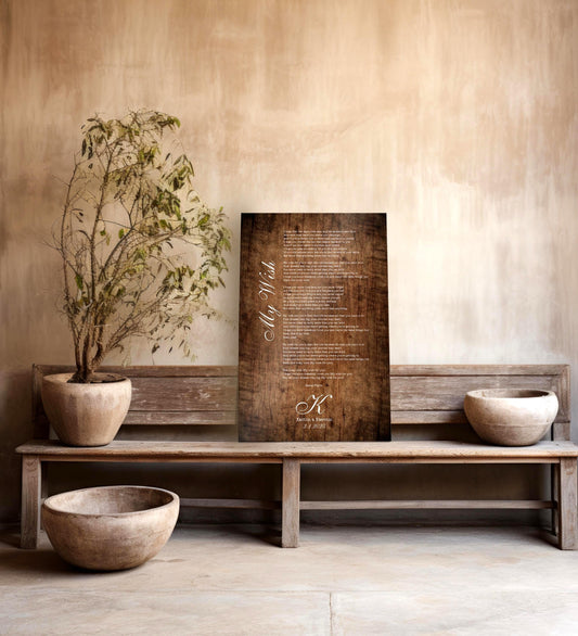 Wooden Song Plaque with custom lyrics - featured piece has the words "My Wish" inscribed with a Monogram K at the bottom with a personalized dedication and date.

Photo courtesy of Honeycomb Proverbs