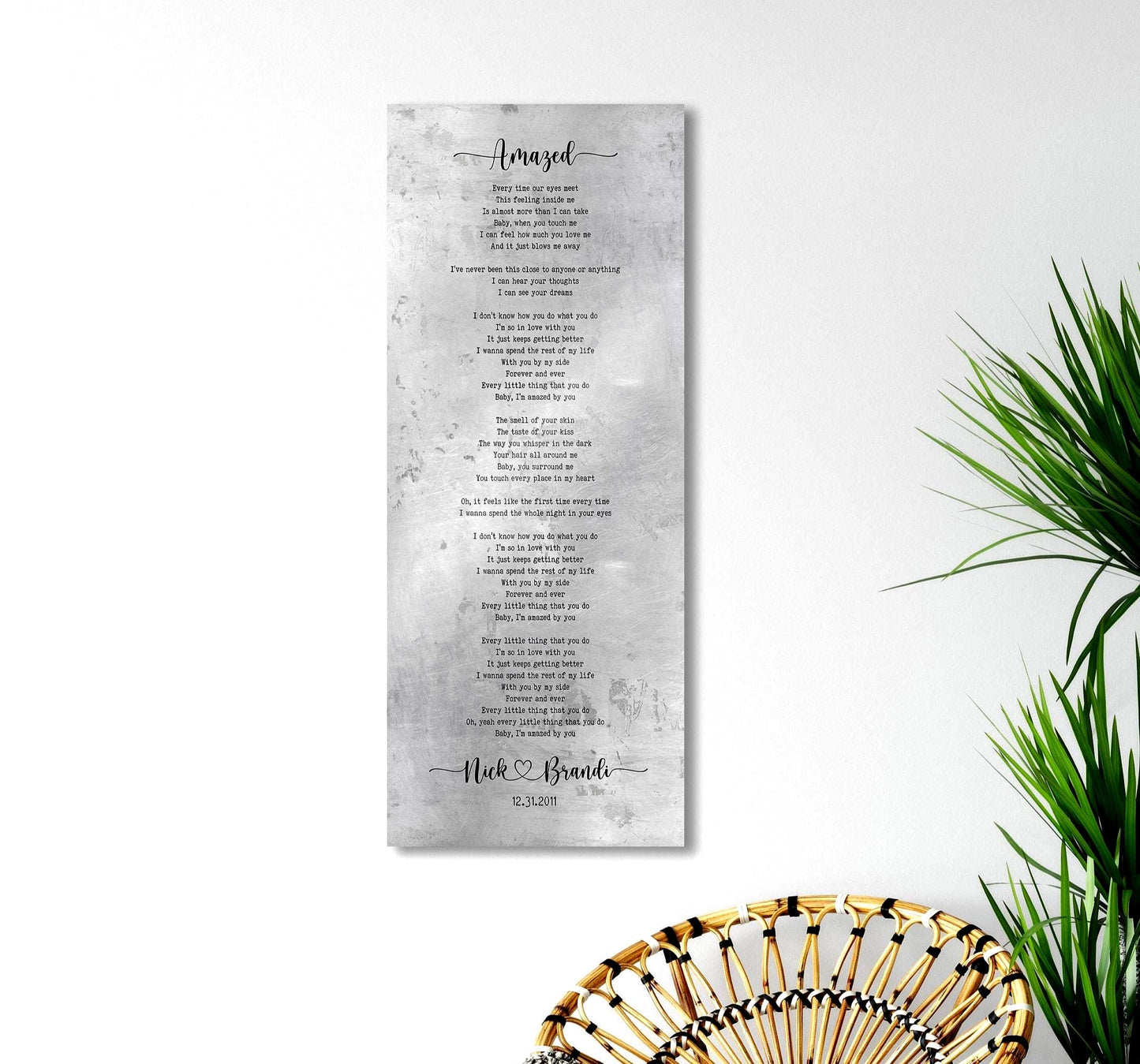 Tall song lyric wall art on tarnished tin with whimsical lettering, and personalized with names connected by a heart and a date at the bottom of the song.