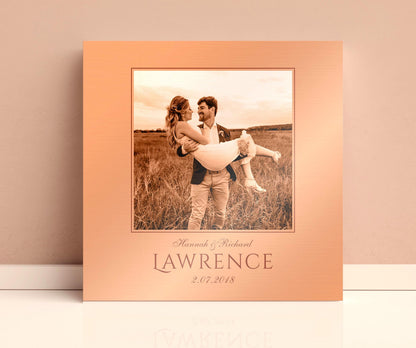 Square copper portrait plaque personalized with names or family name and a date or short message, 7th anniversary copper
