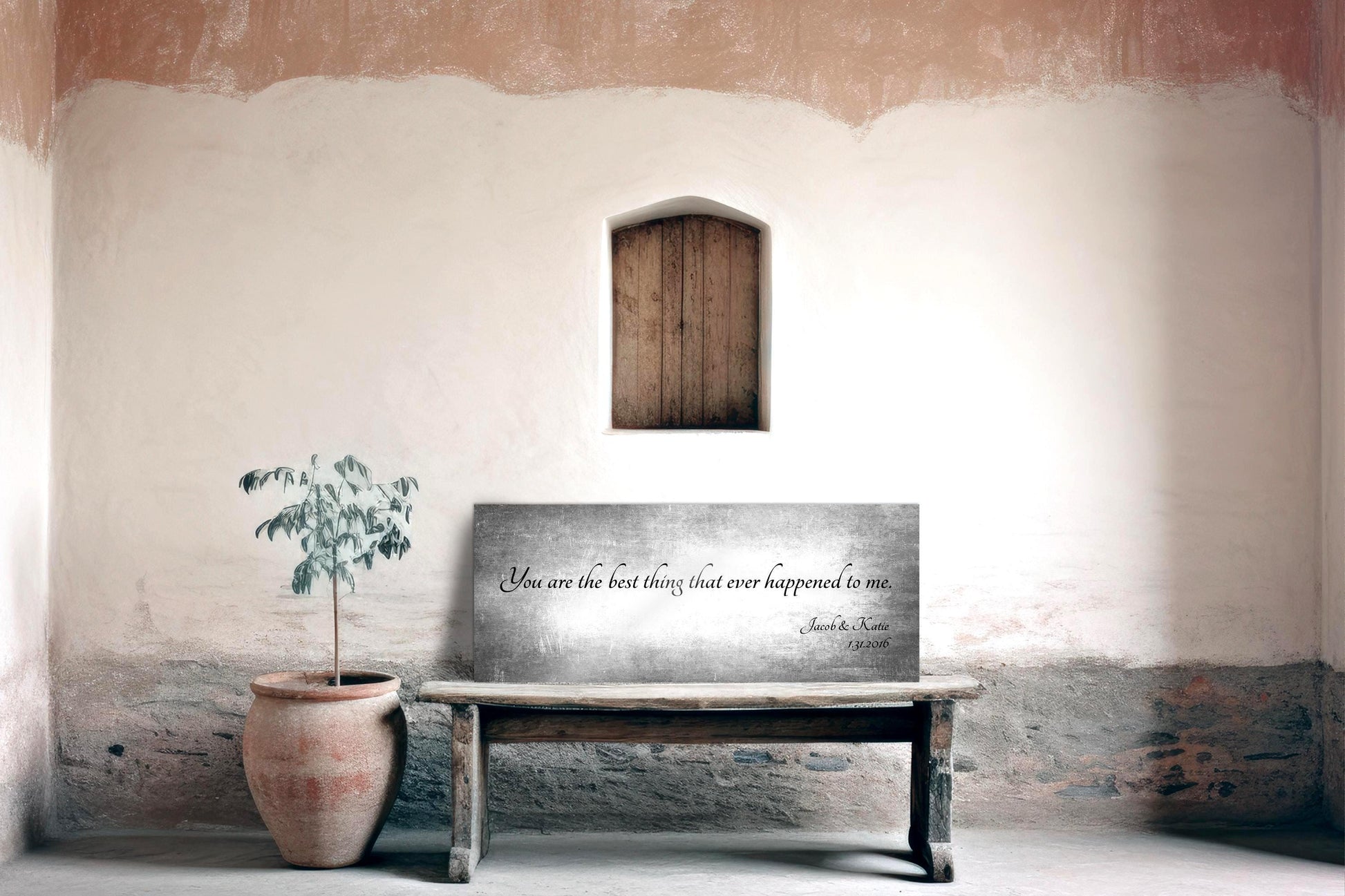 Tarnished Tin Sign with Quote:
Personalized, 10th Anniversary Tin gift sign with custom quote. Sign leaning against wall and sitting on a bench, features the inscription, you are the best thing that ever happened to me, with the names Jacob and Katie, and a date included on the lower right corner.

Photo courtesy of Honeycomb Proverbs