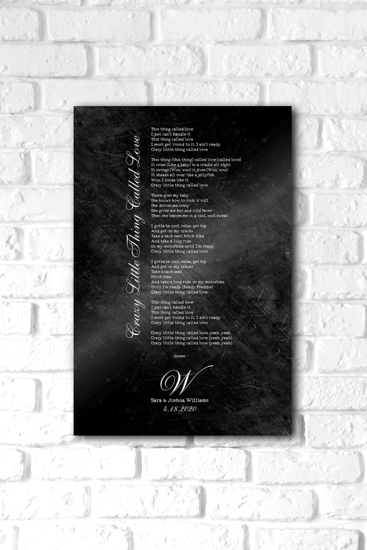 Distressed iron song plaque with Crazy Little Thing Called Love lyrics, monogram, names and date, 6th anniversary iron