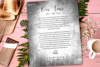 Tarnished tin "Our Vows" plaque, two paragraphs of vows, a heart-infinity motif and wedding date, 10th anniversary tin