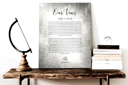 Tarnished tin wedding vow plaque on a shelf beside a stack of books, vows, names and date centered, 10th anniversary tin