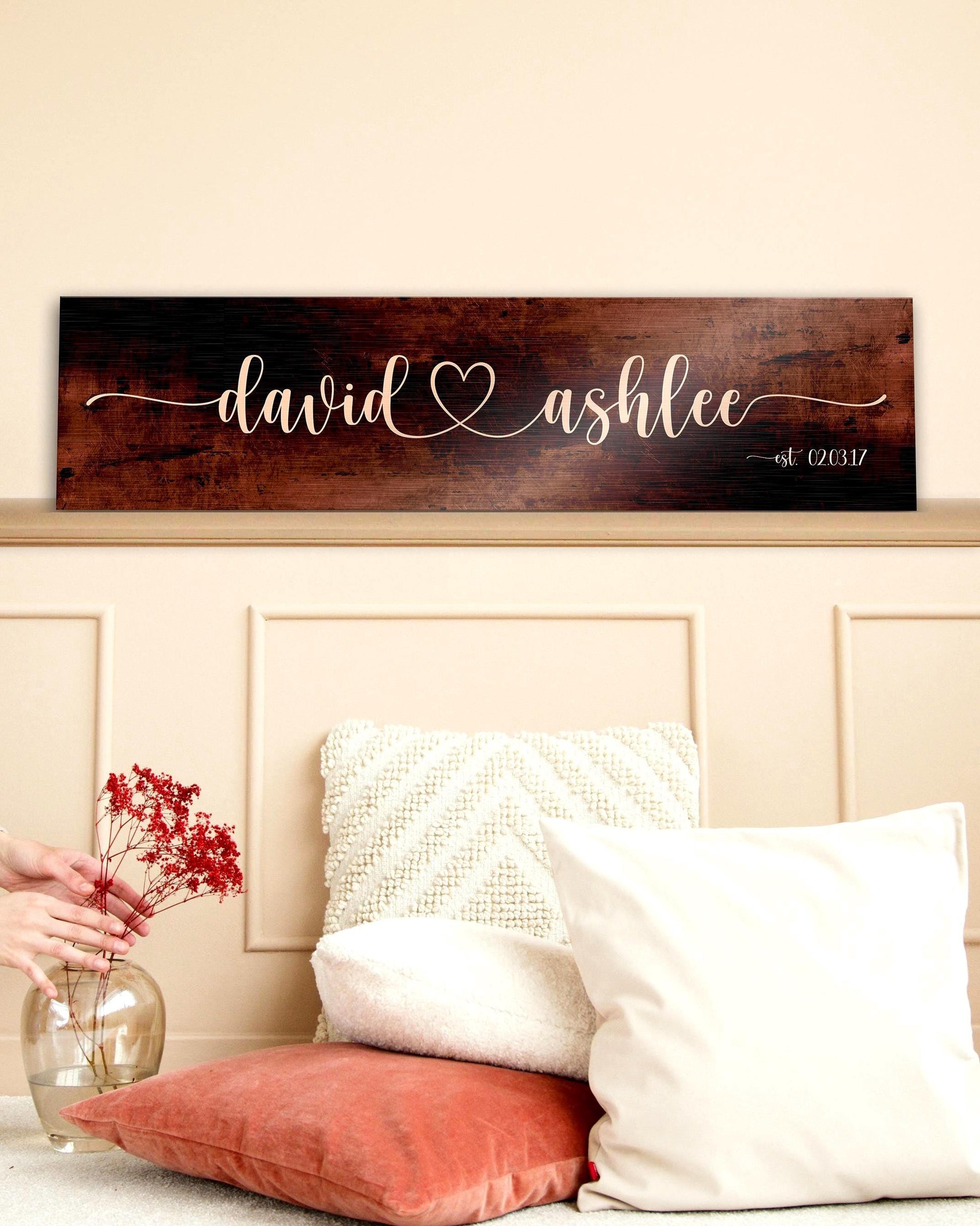 bronze anniversary gift for wife, name sign with heart between names in whimsical calligraphy