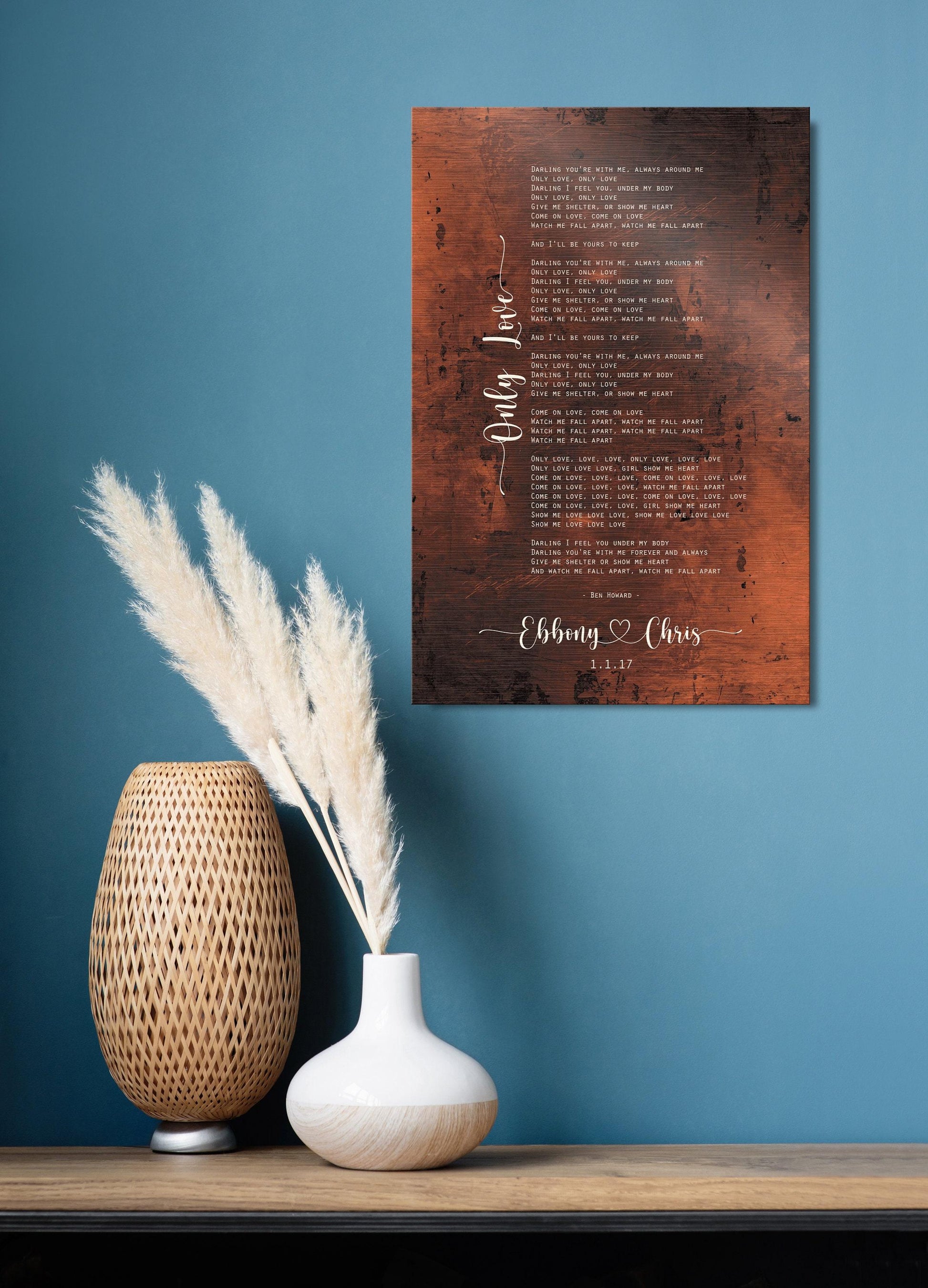 Custom song lyrics bronze anniversary plaque with couples names and song lyrics and wedding date inscribed on burnished bronze metal.