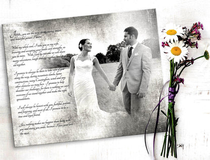 Vintage tin photo portrait on distressed metal with the groom's vows in delicate calligraphy, a 10th anniversary tin gift