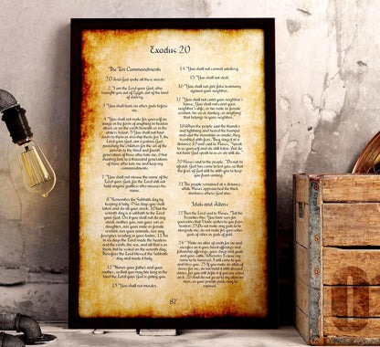 Framed Ten Commandments on Vintage Parchment, 1st anniversary paper scripture wall art by Honeycomb Proverbs