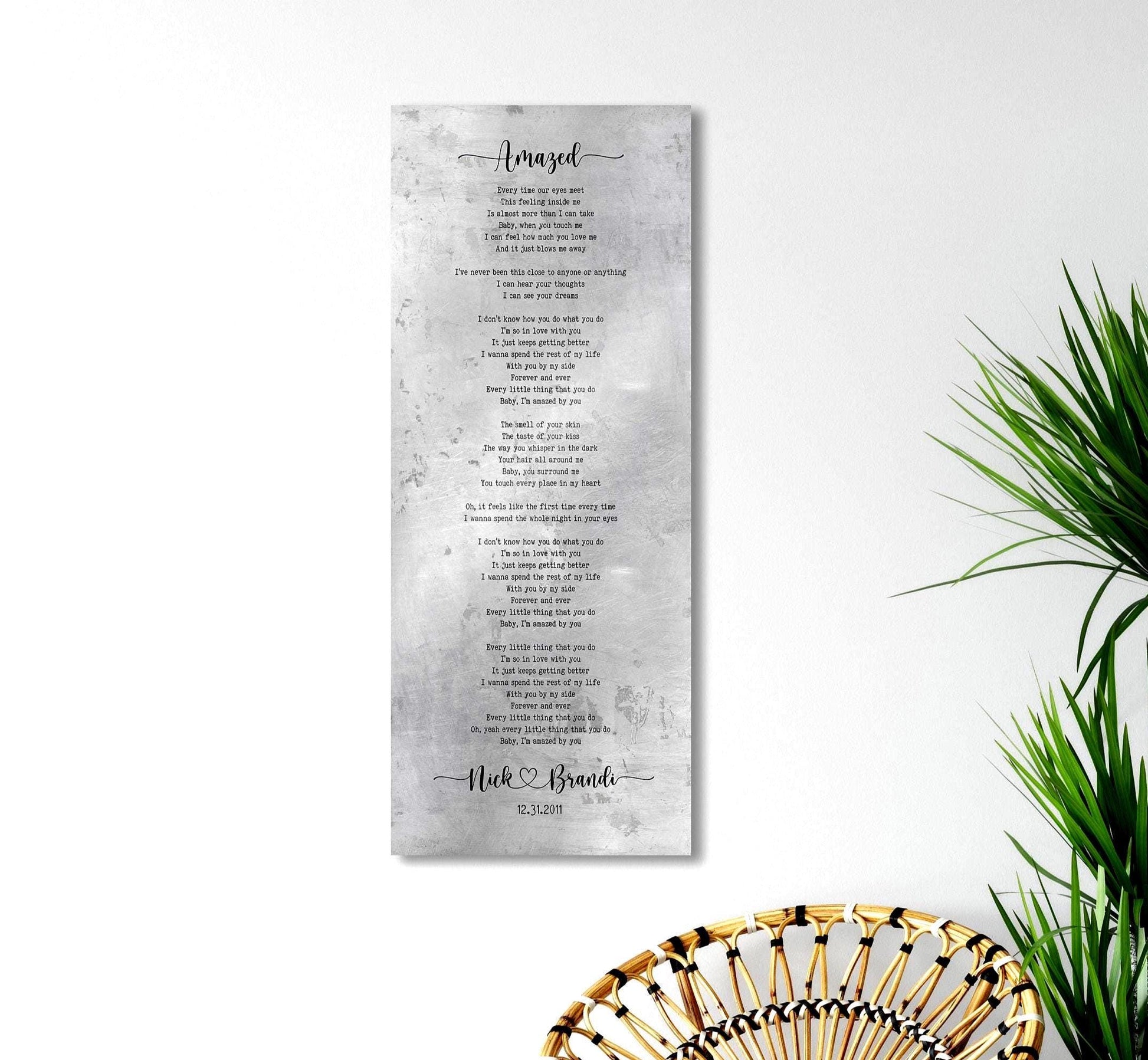 Tall song lyric wall art on tarnished tin with whimsical lettering, and personalized with names connected by a heart and a date at the bottom of the song.