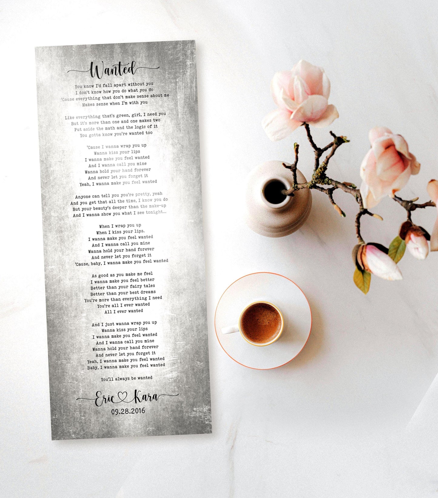Tarnished Tin Anniversary Song plaque is personalized with Wanted as the title at the top and the lyrics to the song beneath. The names Eric and Kara and a wedding date sit at the bottom.